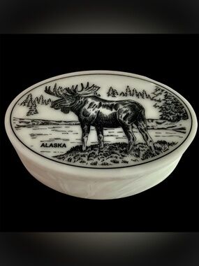 Cultured Ivory Scrimshaw Alaska Moose Oval Trinket Box - Black and Cream